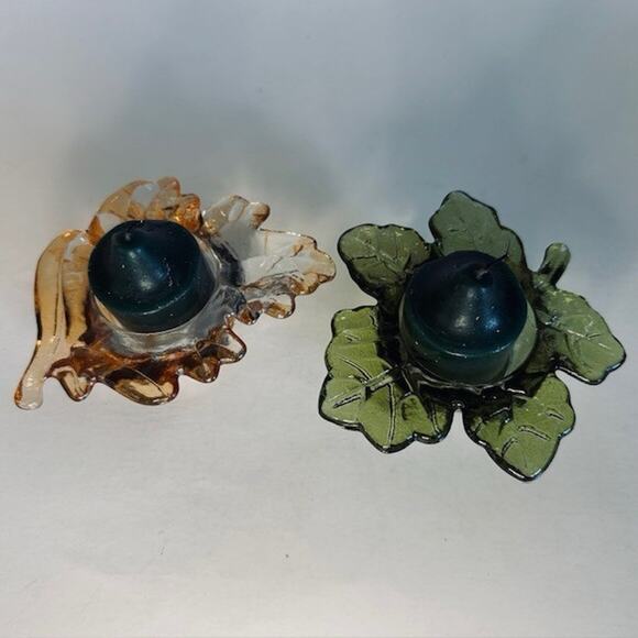 Vintage Maple Leaf Green & Orange Glass Votive Tea Light Candle Holder Set - Picture 3 of 12